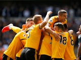 Wolves players celebrate Willy Boly's goal during their Premier League clash with Manchester City on August 25, 2018