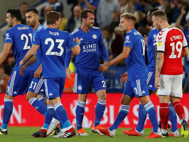 Christian Fuchs celebrates scoring during the EFL Cup second-round game between Leicester City and Fleetwood Town on August 28, 2018