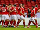 Nottingham Forest striker Daryl Murphy celebrates with teammates after scoring during his side's EFL Cup clash with Newcastle United on August 29, 2018