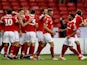 Nottingham Forest striker Daryl Murphy celebrates with teammates after scoring during his side's EFL Cup clash with Newcastle United on August 29, 2018