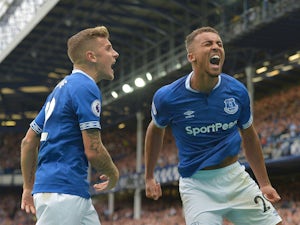 Everton striker Dominic Calvert-Lewin celebrates scoring during his side's Premier League clash with Huddersfield Town on September 1, 2018