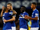 Everton midfielder Gylfi Sigurdsson celebrates scoring during his side's EFL Cup clash with Rotherham on August 29, 2018