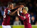 Javier Hernandez celebrates scoring West Ham United's third goal against AFC Wimbledon with Issa Diop on August 28, 2018