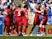 Roberto Firmino celebrates with his Liverpool teammates during his side's Premier League clash with Leicester City on September 1, 2018