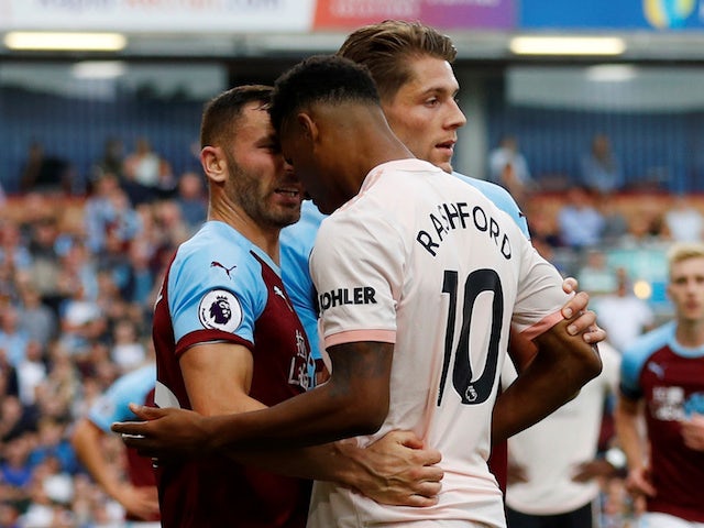 Manchester United striker Marcus Rashford goes head to head with Phil Bardsley of Burnley during their Premier League clash on September 2, 2018