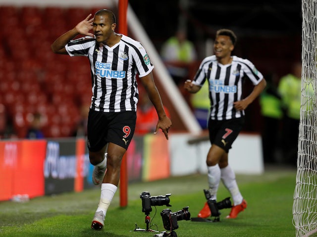 Newcastle United striker Salomon Rondon celebrates scoring during his side's EFL Cup clash with Nottingham Forest on August 29, 2018