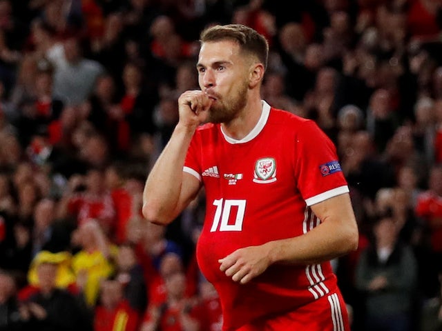 Wales midfielder Aaron Ramsey celebrates scoring against the Republic of Ireland on September 6, 2018