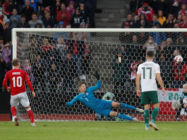 Denmark's Christian Eriksen scores their second goal from the penalty spot in the UEFA Nations League match against Wales on September 9, 2018