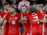 Wales forward Gareth Bale celebrates with teammates during his side's UEFA Nations League clash with Republic of Ireland on September 6, 2018
