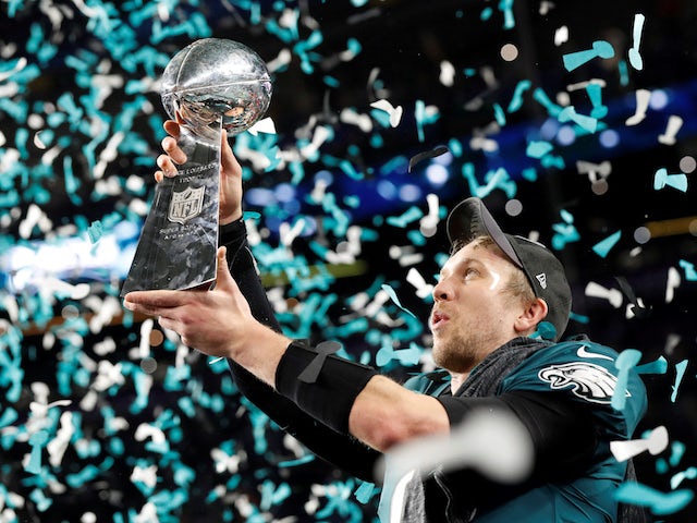 Nick Foles of the Philadelphia Eagles holds the Vince Lombardi trophy aloft in February 2018