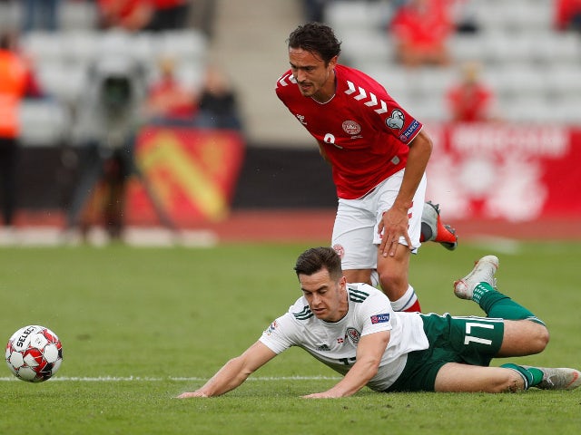 Wales's Tom Lawrence in action with Denmark's Thomas Delaney during the UEFA Nations League match on September 2018