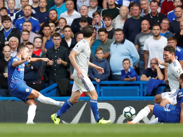 Eden Hazard scores the Blues' second during the Premier League game between Chelsea and Cardiff City on September 15, 2018