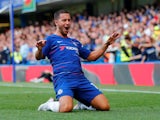 Eden Hazard celebrates getting his side's first during the Premier League game between Chelsea and Cardiff City on September 15, 2018