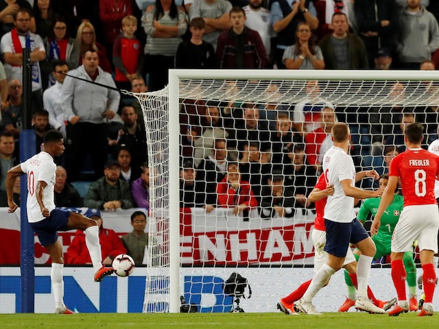 Marcus Rashford scores for England during his side's international friendly against Switzerland on September 11, 2018