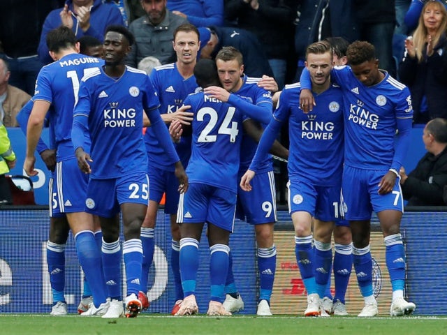 Jamie Vardy celebrates scoring Leicester City's third goal in the win over Huddersfield Town on September 22, 2018