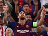 Lionel Messi celebrates the opener during the Champions League group game between Barcelona and PSV Eindhoven on September 18, 2018