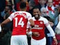 Pierre-Emerick Aubameyang and Alexandre Lacazette celebrate Arsenal's opening goal in the win over Everton on September 23, 2018