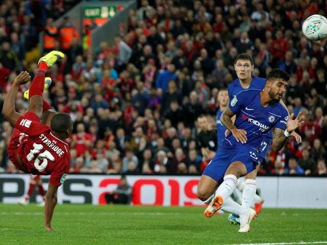 Liverpool striker Daniel Sturridge scores during his side's EFL Cup clash with Chelsea on September 26, 2018