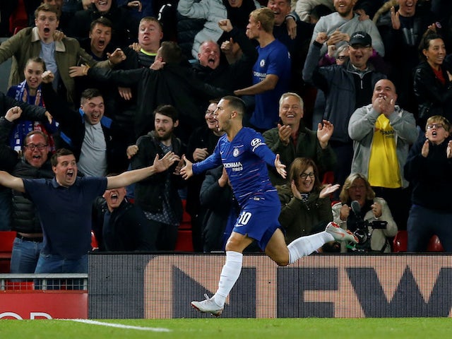 Chelsea winger Eden Hazard celebrates scoring against Liverpool in their EFL Cup clash on September 26, 2018