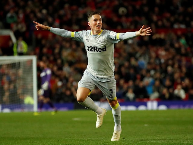 Harry Wilson celebrates his equaliser during the EFL Cup third-round game between Manchester United and Derby County on September 25, 2018