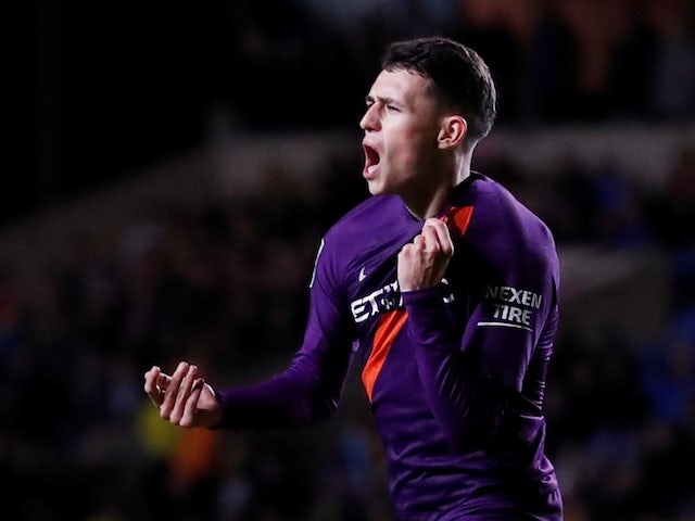 Phil Foden celebrates scoring for Manchester City in the EFL Cup on September 25, 2018