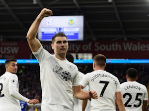 Sam Vokes celebrates after scoring Burnley's winning goal away at Cardiff City on September 30, 2018