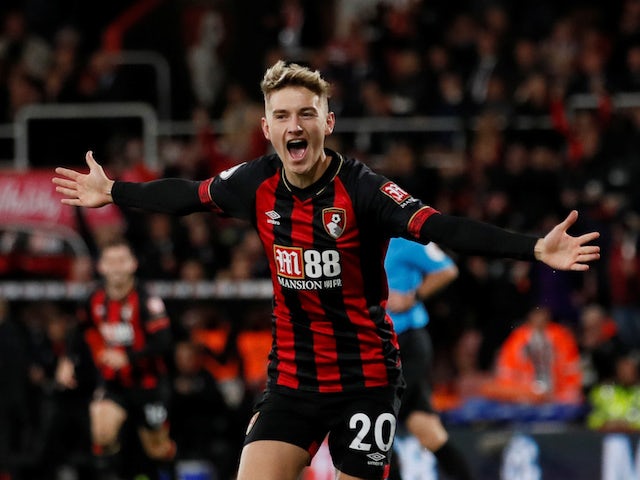 David Brooks celebrates opening the scoring during the Premier League game between Bournemouth and Crystal Palace on October 1, 2018