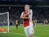 Ajax midfielder Donny van de Beek celebrates scoring against AEK Athens in a Champions League match in September 2018