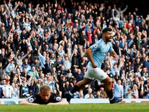 Sergio Aguero wheels away after opening the scoring for Manchester City in their Premier League meeting with Burnley on October 20, 2018