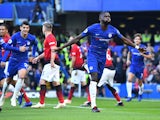 Chelsea defender Antonio Rudiger celebrates scoring the opening goal during his side's Premier League clash with Manchester United on October 20, 2018