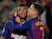 Rafinha celebrates with Philippe Coutinho after opening the scoring for Barcelona in their Champions League tie with Inter Milan on October 24, 2018