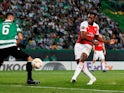 Danny Welbeck takes a shot during the Europa League group game between Sporting Lisbon and Arsenal on October 25, 2018