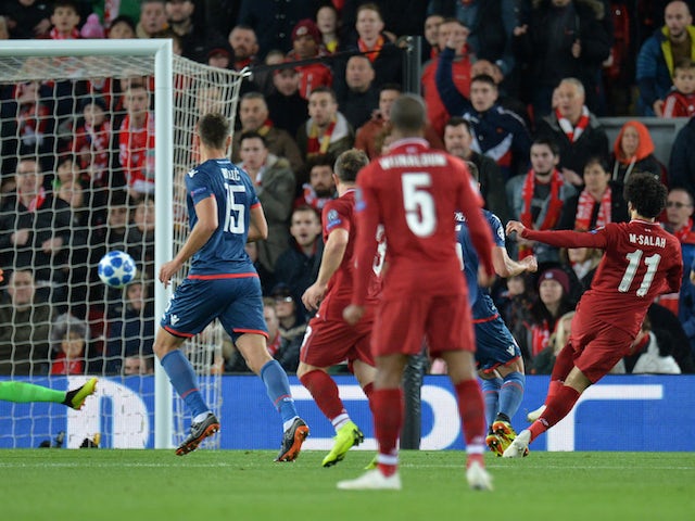 Mohamed Salah scores the second during the Champions League game between Liverpool and Red Star on October 24, 2018