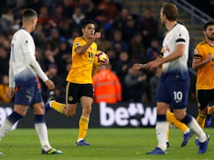 Raul Jimenez celebrates pulling a second goal back for Wolverhampton Wanderers in their defeat to Tottenham Hotspur on November 3, 2018