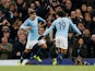 Brahim Diaz celebrates with Leroy Sane after putting Manchester City two goals ahead against Fulham on November 1, 2018