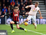 David Brooks and Luke Shaw in action during the Premier League game between Bournemouth and Manchester United on November 3, 2018