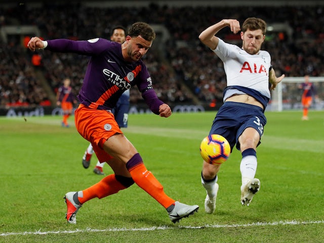 Kyle Walker and Ben Davies in action during the Premier League game between Tottenham Hotspur and Manchester City on October 29, 2018