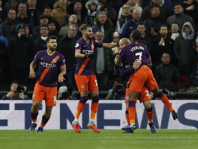 Riyad Mahrez celebrates scoring during the Premier League game between Tottenham Hotspur and Manchester City on October 29, 2018