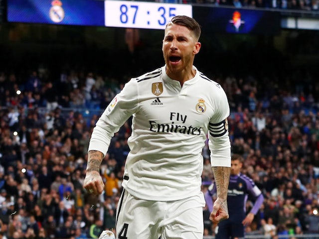 Sergio Ramos celebrates scoring from the spot during the La Liga game between Real Madrid and Real Valladolid on November 3, 2018