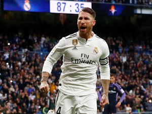 Sergio Ramos celebrates scoring from the spot during the La Liga game between Real Madrid and Real Valladolid on November 3, 2018