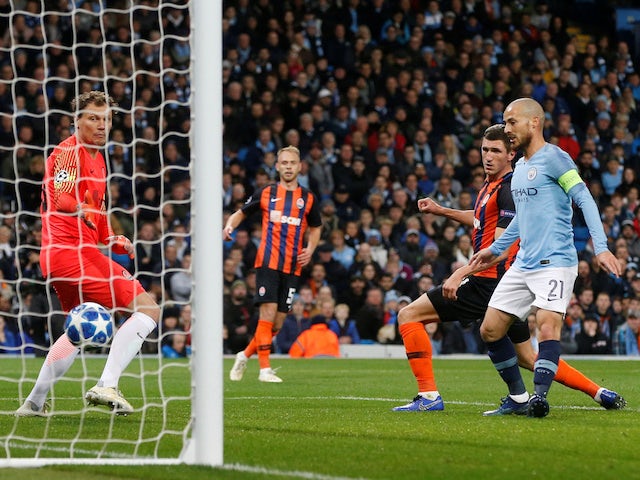 David Silva scores the opener during the Champions League group game between Manchester City and Shakhtar Donetsk on November 7, 2018
