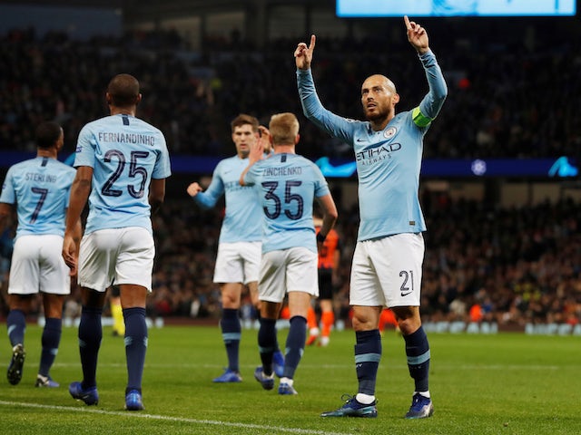 David Silva celebrates scoring the opener during the Champions League group game between Manchester City and Shakhtar Donetsk on November 7, 2018