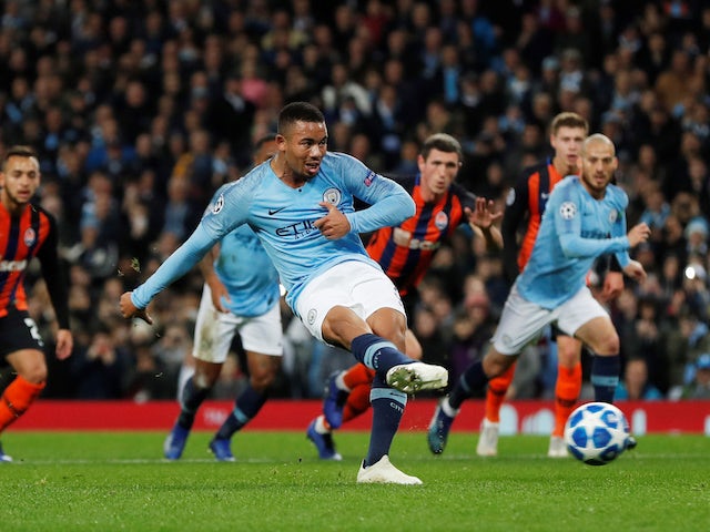 Gabriel Jesus scores from the spot during the Champions League group game between Manchester City and Shakhtar Donetsk on November 7, 2018