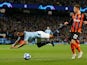 Raheem Sterling goes down during the Champions League group game between Manchester City and Shakhtar Donetsk on November 7, 2018