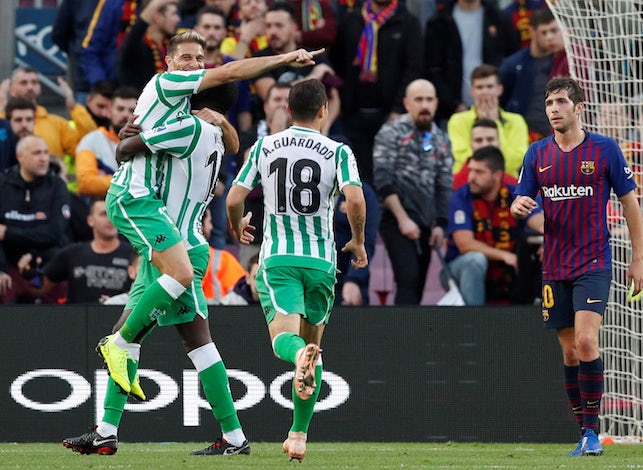 Real Betis attacker Joaquin celebrates scoring against Barcelona