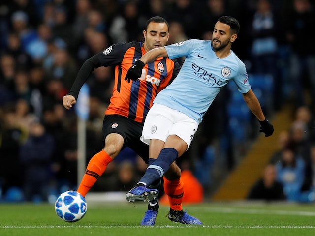 Riyad Mahrez and Ismaily in action during the Champions League group game between Manchester City and Shakhtar Donetsk on November 7, 2018