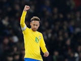 Neymar celebrates scoring a penalty for Brazil on November 16, 2018