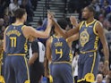 Kevin Durant celebrates during the Golden State Warriors' win over Sacramento Kings on November 25, 2018