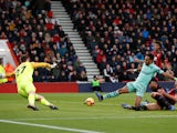 Pierre-Emerick Aubameyang scores for Arsenal against Bournemouth in the Premier League on November 25, 2018.