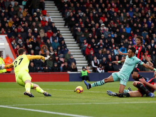Pierre-Emerick Aubameyang scores for Arsenal against Bournemouth in the Premier League on November 25, 2018.